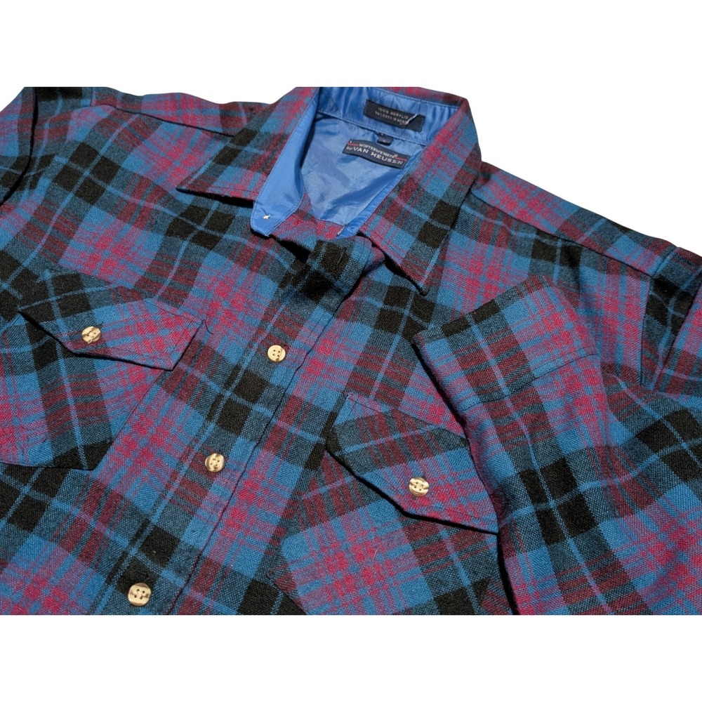 VTG Van Heusen Button Down‎ Mens Large Blue Plaid Winterweights Flannel Shirt